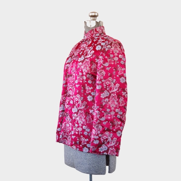 Traditional Chinese Padded Jacket Pink Silk Asian Jacket w/ Blue Accents - Picture 5 of 14